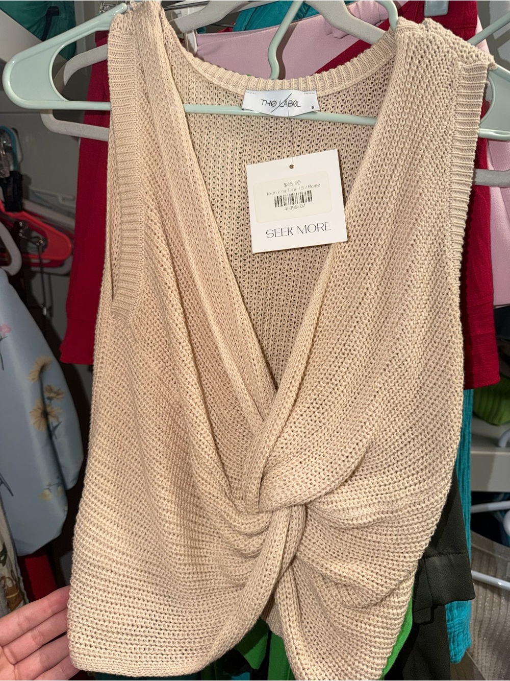 Beige Twist-Knot Knit Tank Sweater